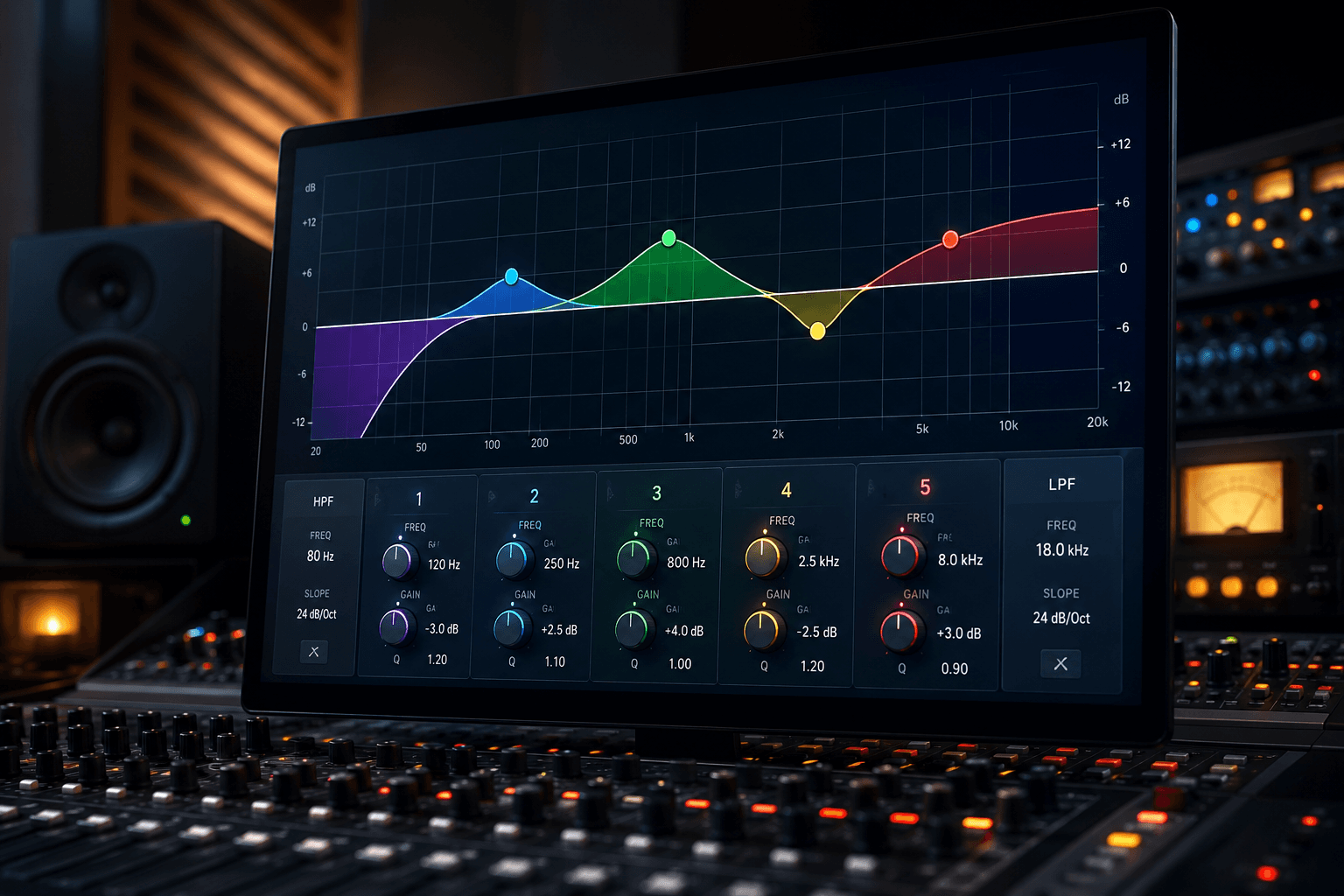 Parametric equalizer interface showing frequency bands being boosted and cut